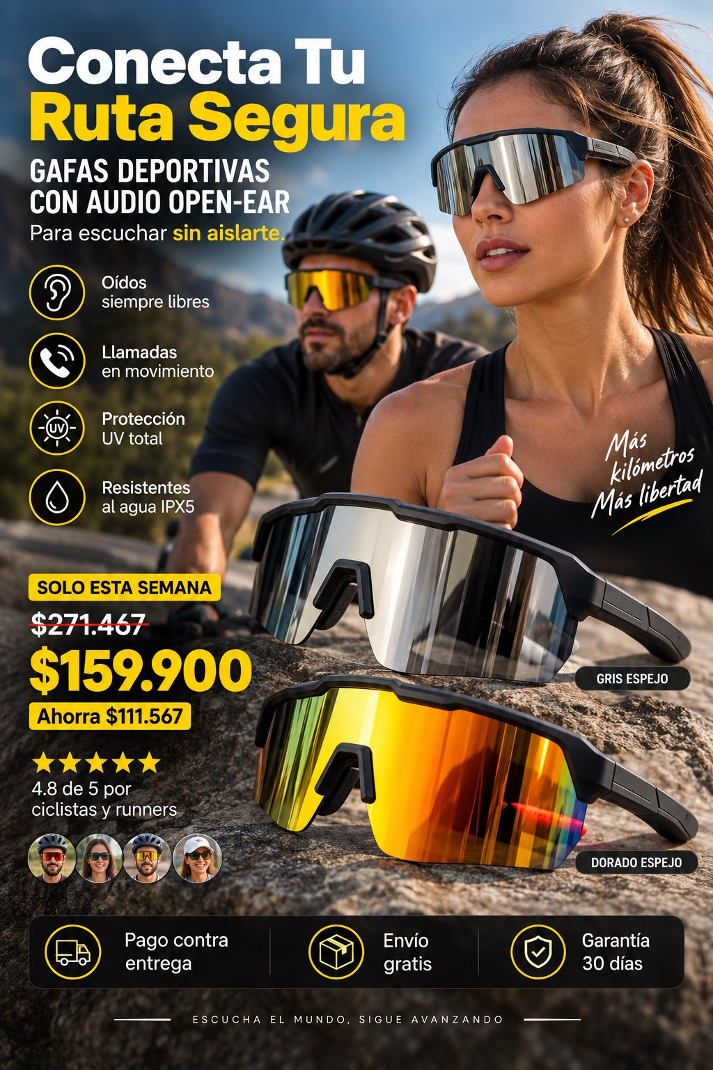 Conecta tu ruta segura - gafas deportivas con audio open-ear, gris espejo y dorado espejo