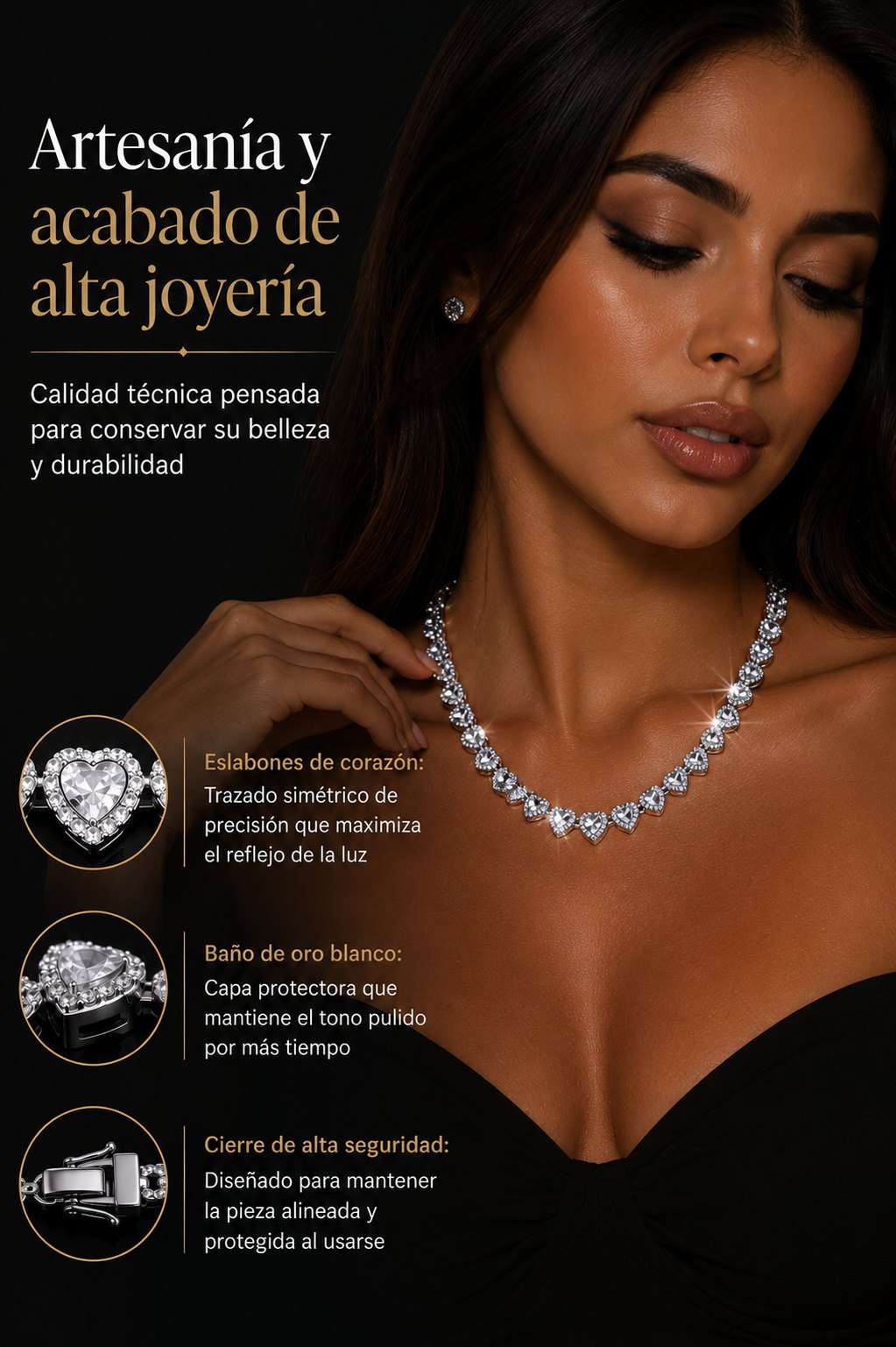 Artesania y acabado de alta joyeria: eslabones de corazon, bano de oro blanco y cierre seguro