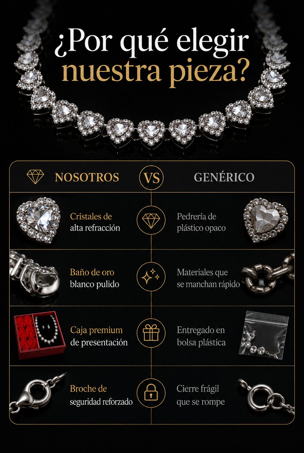 Por que elegir nuestra pieza frente a un collar generico: cristales, oro blanco, caja y broche reforzado