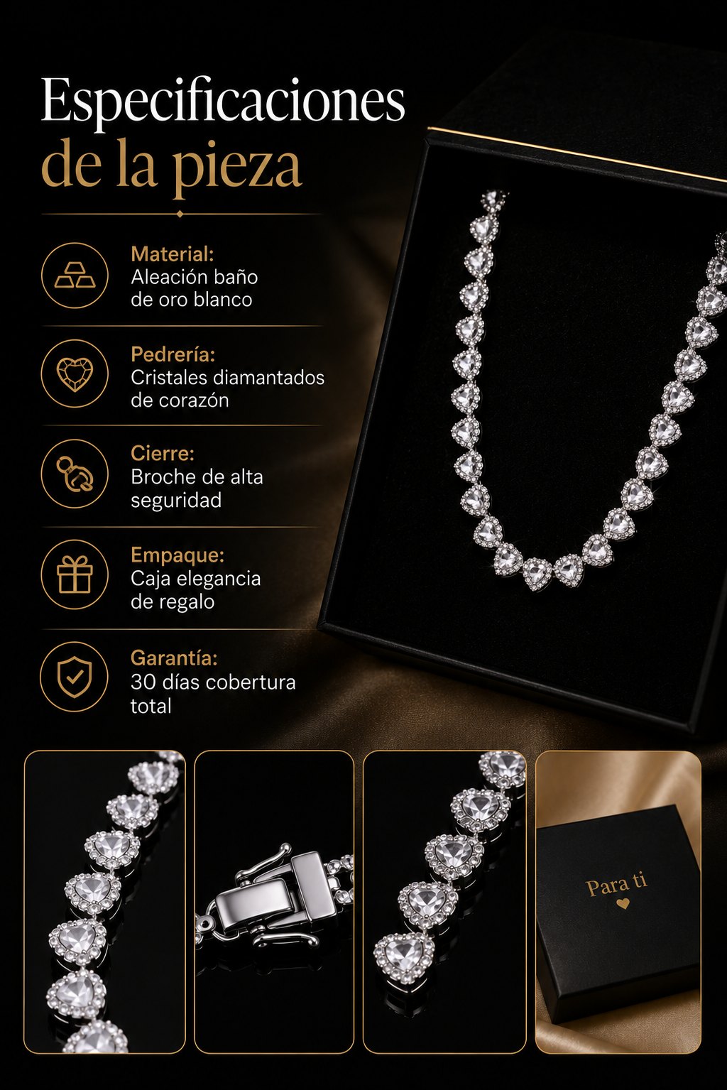 Especificaciones: bano de oro blanco, cristales diamantados de corazon, broche seguro, caja de regalo y garantia