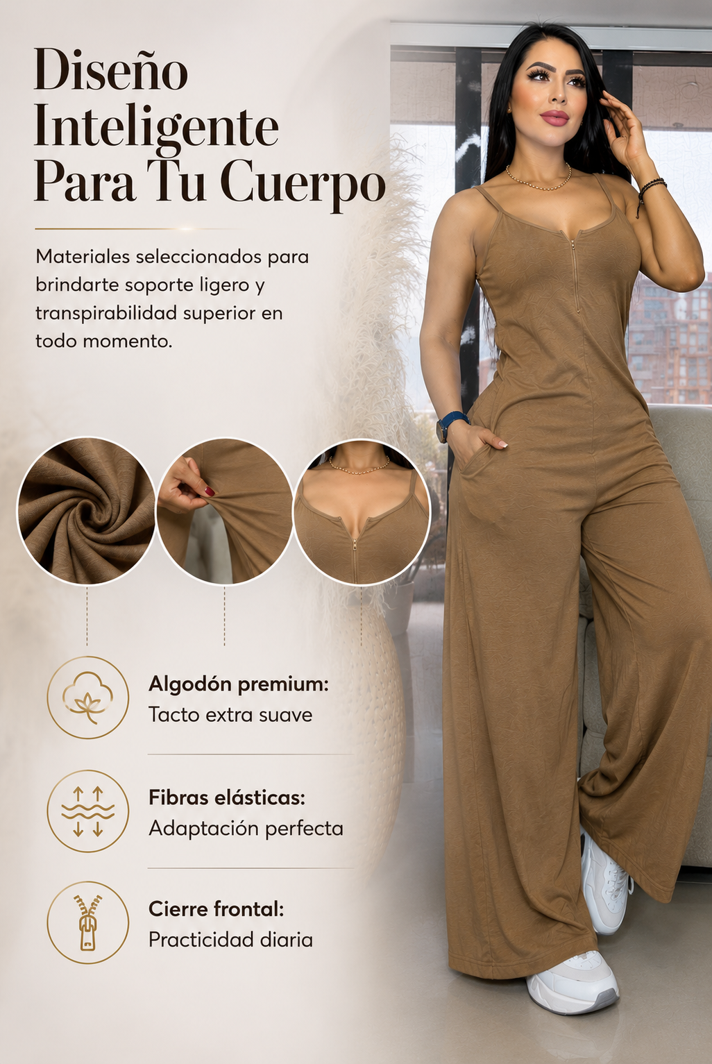 Diseno inteligente: algodon premium, fibras elasticas y cierre frontal