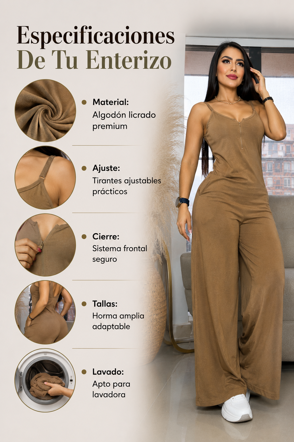 Especificaciones del enterizo: material, ajuste, cierre, tallas y lavado