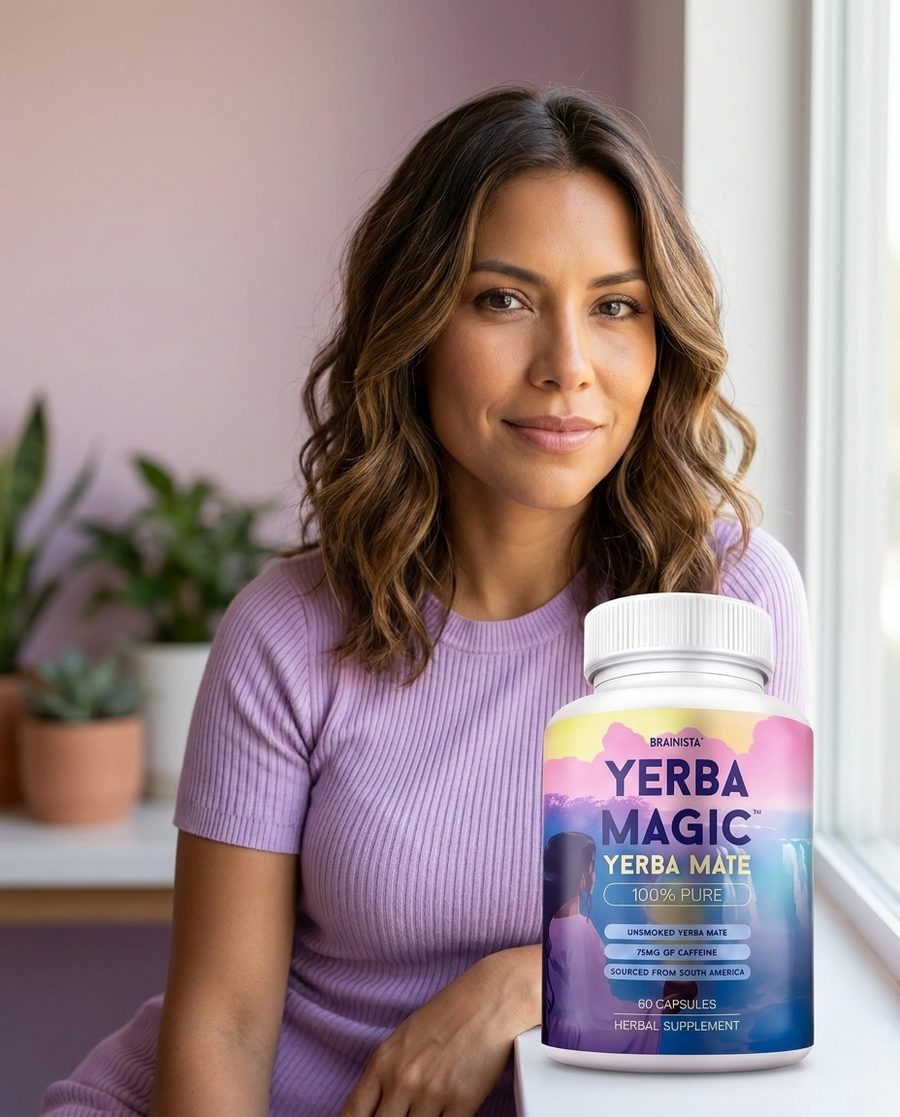 Mujer con el frasco de Yerba Magic junto a la ventana