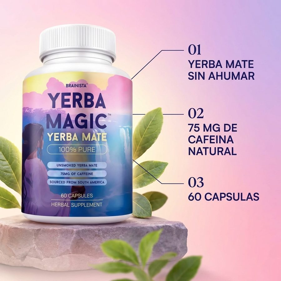 Composición de Yerba Magic: yerba mate sin ahumar, 75 mg de cafeína natural, 60 cápsulas