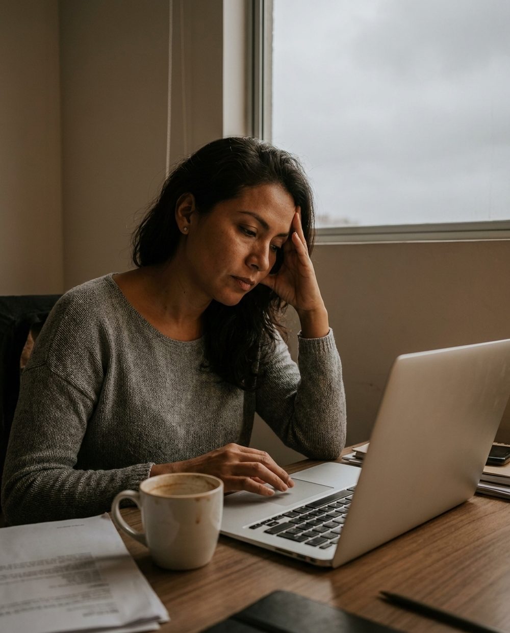 Mujer cansada frente al computador a media tarde