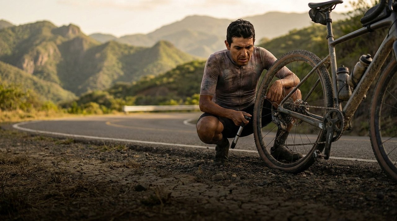 Ciclista revisando una llanta baja en plena ruta